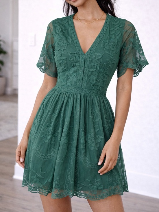 Altar'd State Dresses & Skirts - Altar’d State Green Lace Mini Dress Floral Embroidered V-Neck Sheer Sleeve